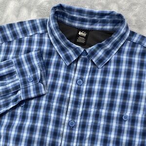 REI Co-op Mens Medium Blue Plaid Long Sleeve Hiking Shirt Ventilated Roll Tab